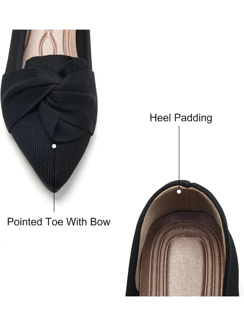 Women's Black Pointed Toe Ballet Flats with Bow Comfortable Knit Dressy Shoes